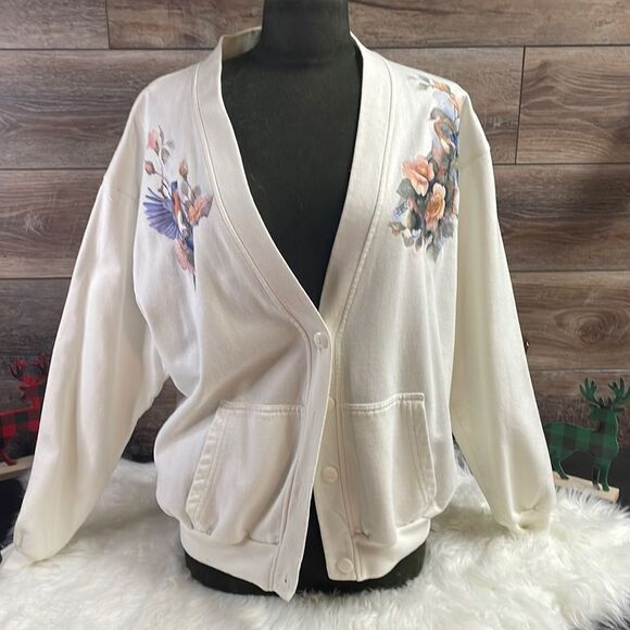 Ladies Button Up Cardigan Jacket, Size Large, White with Birds and Floral Design - Picture 2 of 12